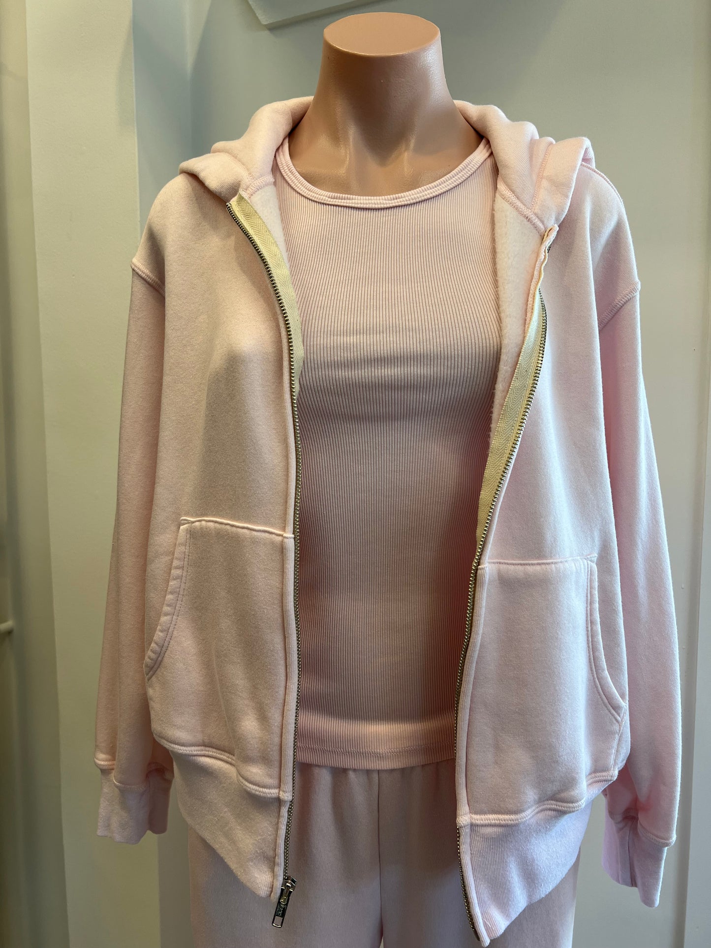 Monrow Teddy Fleece Relaxed Zip Up Hoody in Pink Sorbet