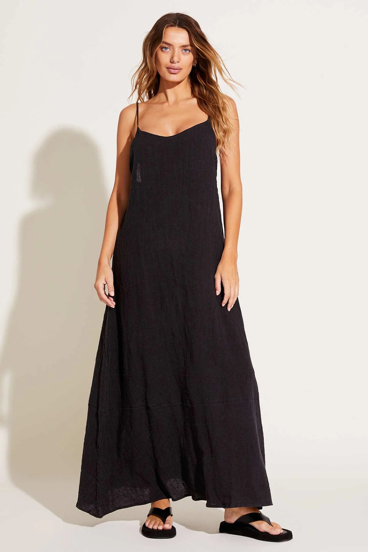 Vitamin A Mari Maxi Dress in Black Crinkle Linen