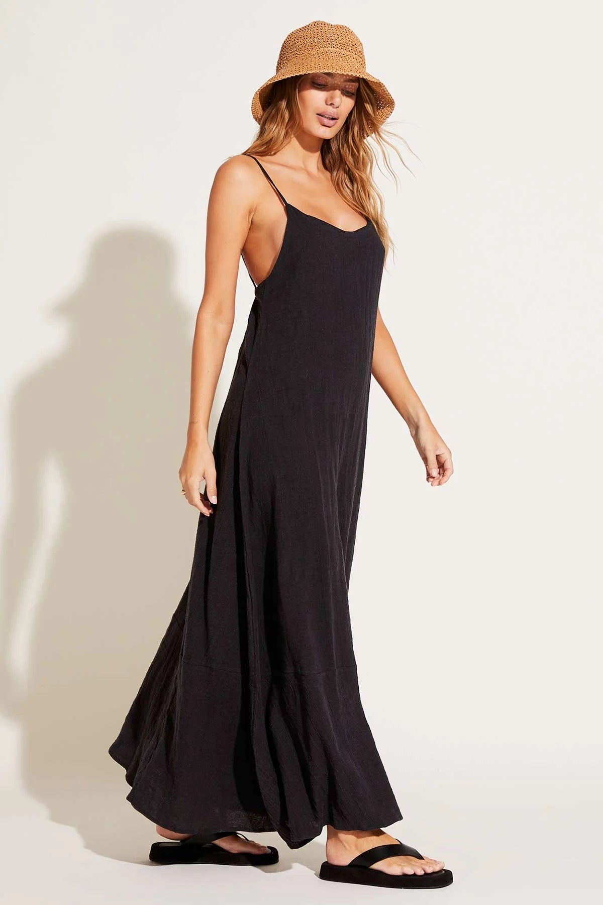 Vitamin A Mari Maxi Dress in Black Crinkle Linen