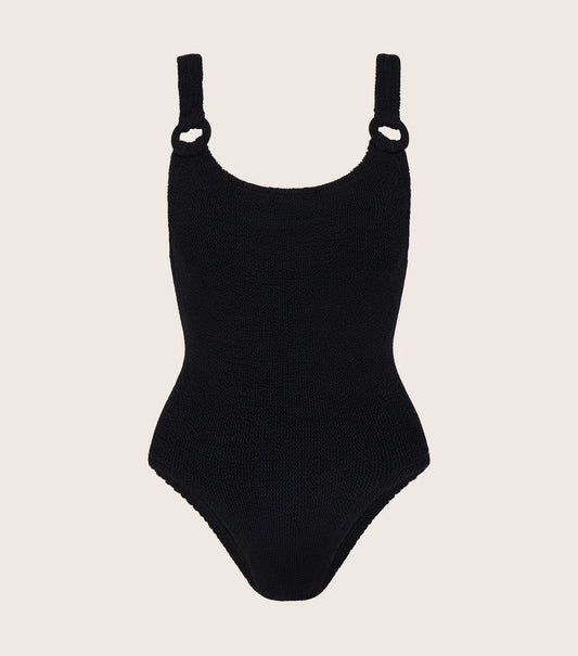 Hunza G Domino One Piece Swimsuit in Black with Tonal Fabric Covered Hoops