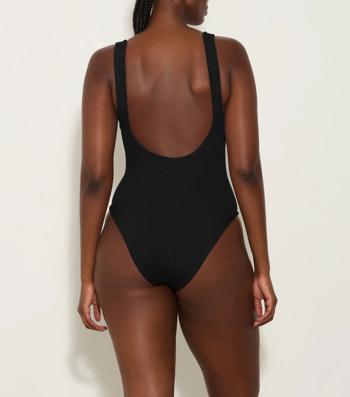 Hunza G Domino One Piece Swimsuit in Black with Tonal Fabric Covered Hoops