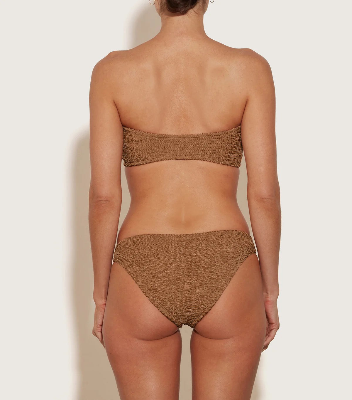 Hunza G Gloria Bikini with Tonal Fabric Covered Hoops in Metallic Cocoa