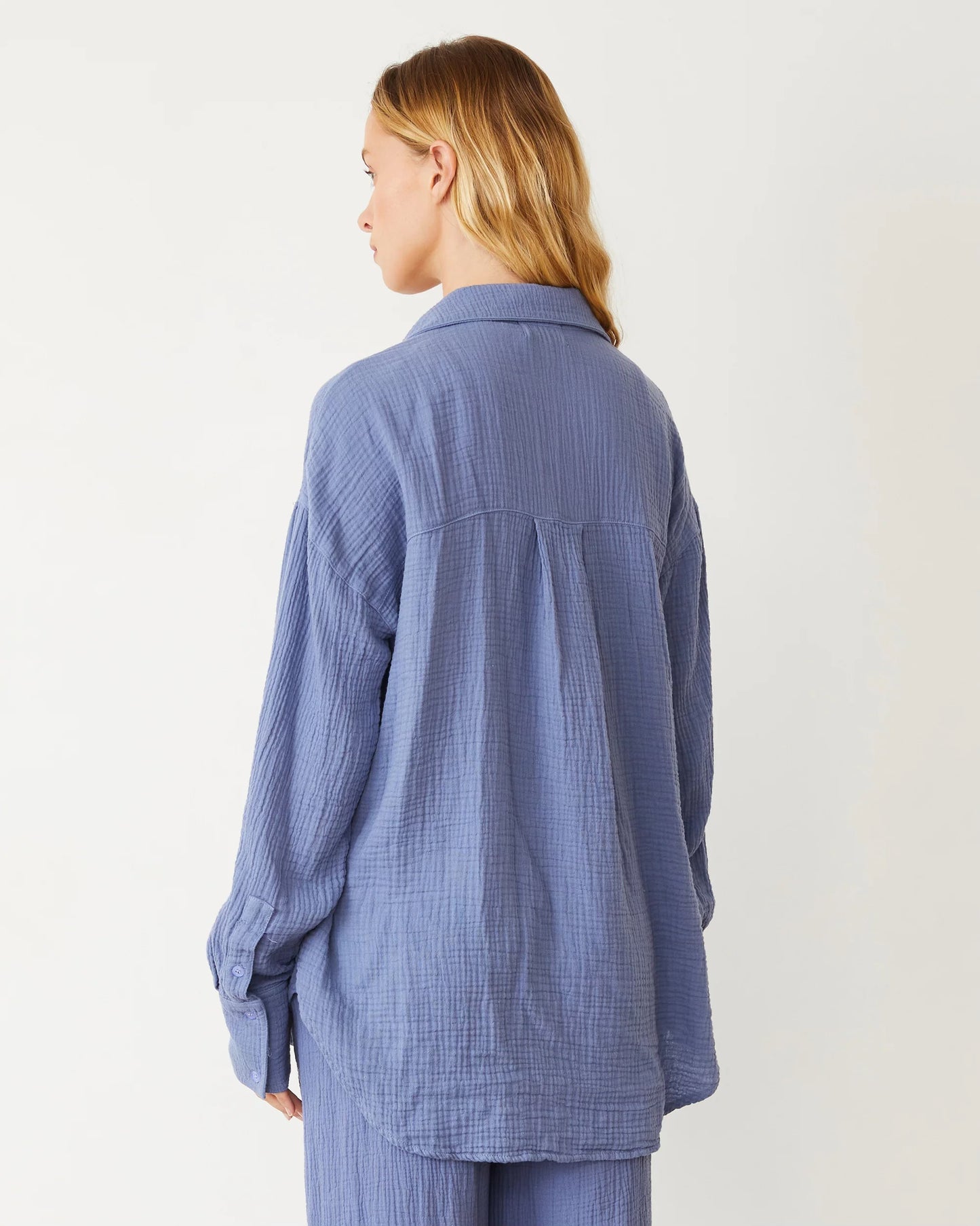 Monrow Cotton Gauze Button Down Shirt in Medium Blue