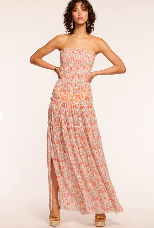Ramy Brook Leta Smocked Strapless Cover-Up Maxi in Apricot Mirror