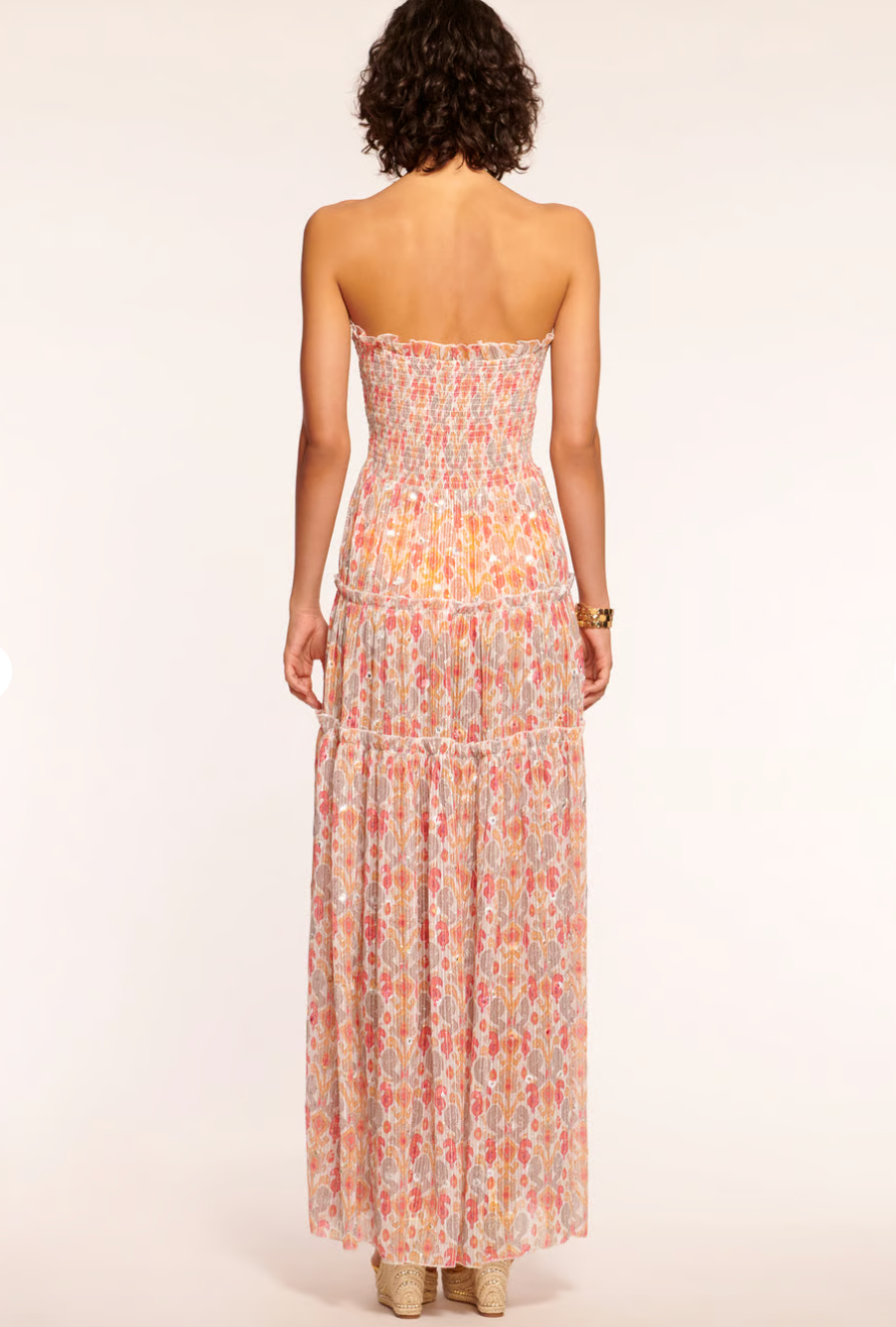 Ramy Brook Leta Smocked Strapless Cover-Up Maxi in Apricot Mirror