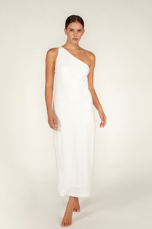 Mikoh Linen Vera One Shoulder Maxi Dress in Foam